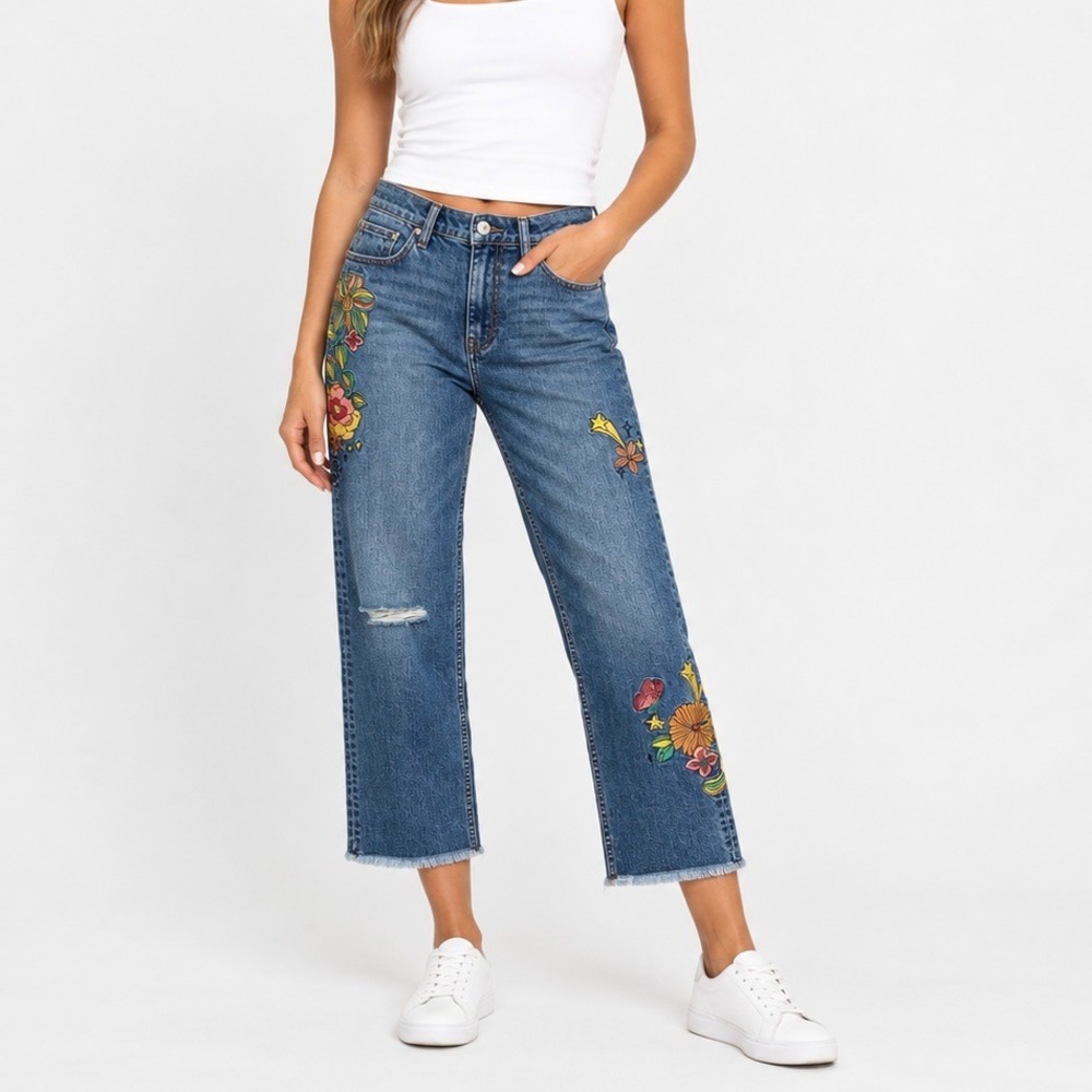 NEW Johnny Was Campana Cropped Straight Cotton Blend Denim Embroidered Jeans 27